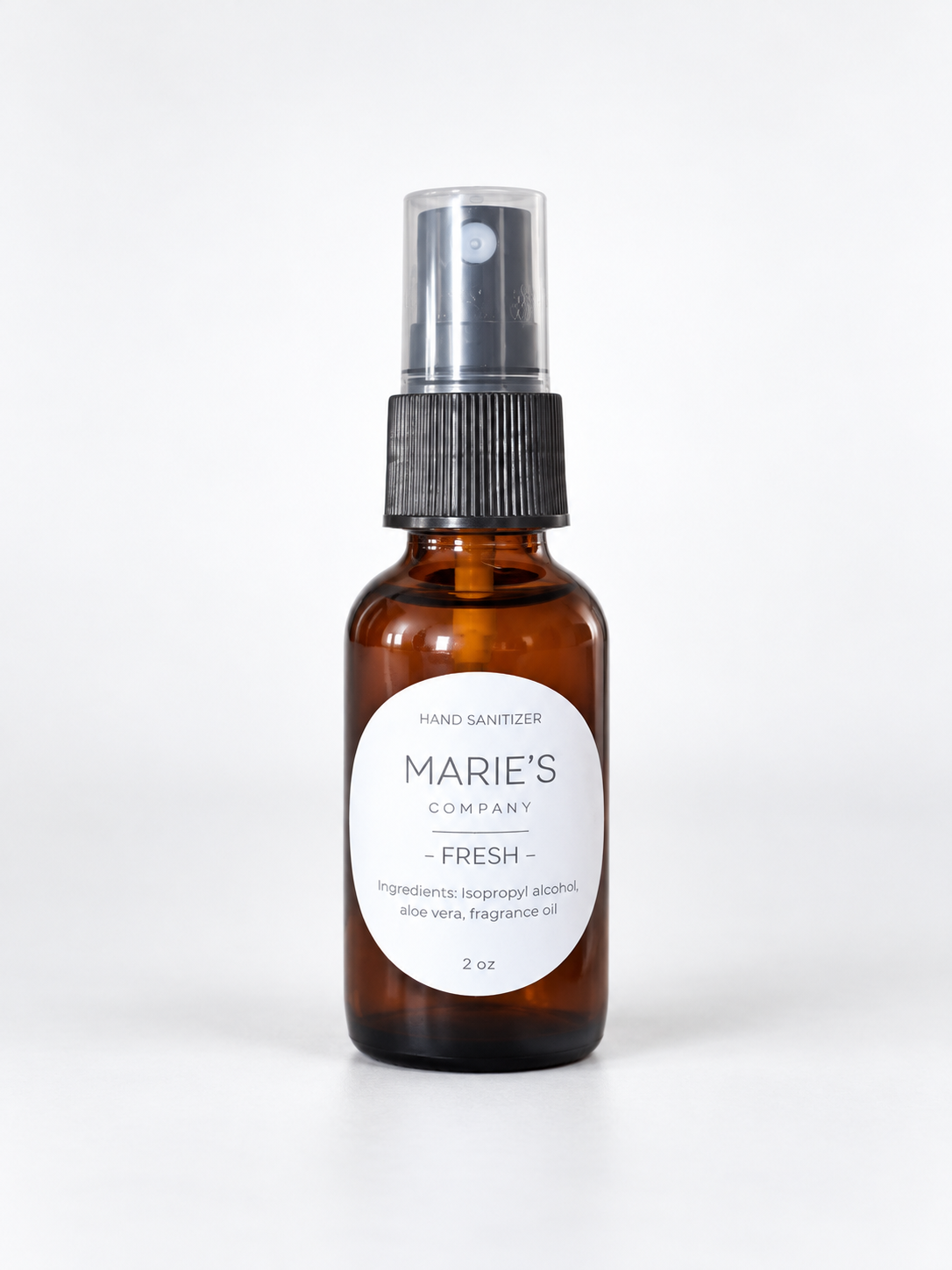 Fresh hand sanitizer spray in an amber bottle